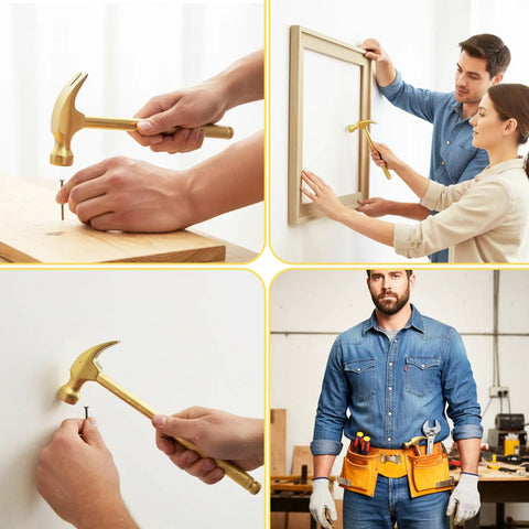 Six In One Mini Hammer And Screwdriver Set Portable Multitool used for home repairs and installation, close-up on hammering nail.