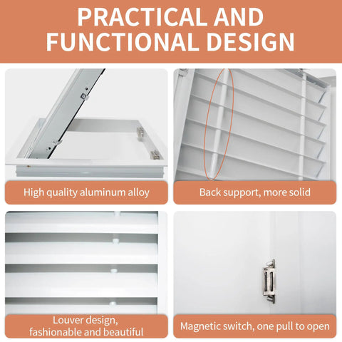 Top Shelf 12 X 12 Inch Steel Access Door For Drywall With Integrated Ventilation Grille and Seamless Flush Mount, louvered design details.