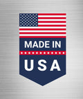 Made in USA badge featuring American flag on a navy shield (front view)