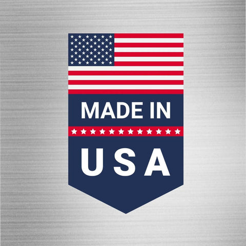 Made in USA badge featuring American flag on a navy shield (front view)