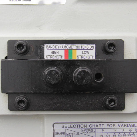 Tension gauge on 9 Inch Metal Horizontal Band Saw With 9x12 Inch Rectangular Cutting Capacity, Dual Voltage 4 Speed Hydraulic Feed.