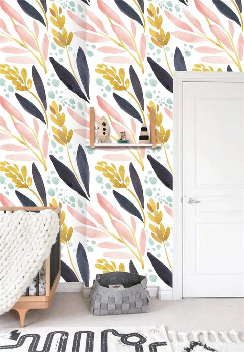 Room with Watercolor Forest Peel And Stick Wallpaper Removable Floral Vinyl Self Adhesive Shelf Liner In White Pink Navy Yellow