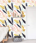 Peel And Stick Floral Forest Wallpaper Removable Vinyl Shelf Liner With Watercolor White Pink Navy Yellow Design on wall decor