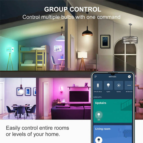 Alexa Ready Color Changing LED Bulbs A19 100W Equivalent Bluetooth Mesh Dimmable RGB Lighting 1500 Lumens CRI Over 90 No Hub Needed E26 Base 4 Pack With Auto Pairing Kit in home setup.
