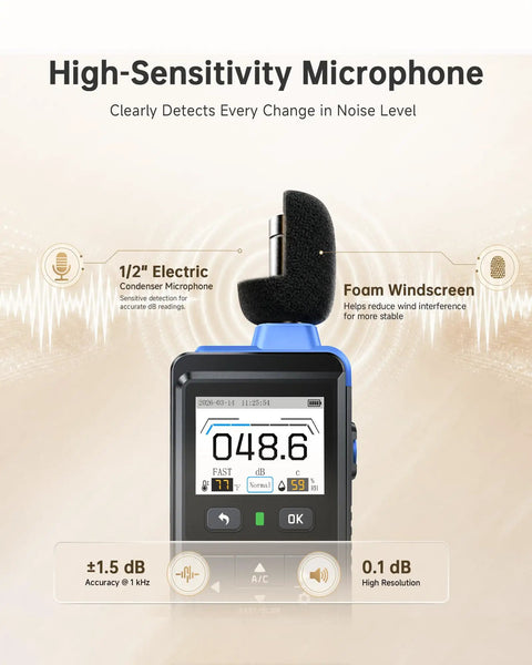 Real Time Decibel Meter With 2 Inch IPS Screen For Home And Office A Weighted Sound Level Meter Measuring 30 To 130 dB, front view with foam microphone