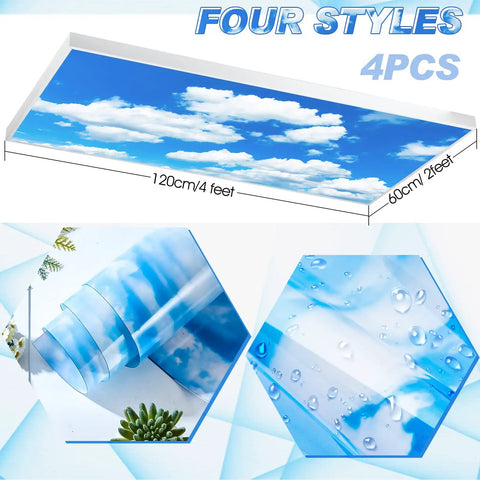 4 Pack Fluorescent Light Covers For Ceiling Panels With Cloud Pattern Backlit Film Material Easy Install Light Filters