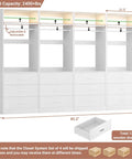 White Freestanding Closet System With 4 Motion Sensor Led Lights Modular Wardrobe Organizer dimensions 80"h x 85.2"w x 15"d with 12 drawers.