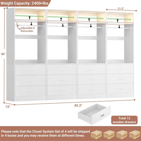 White Freestanding Closet System With 4 Motion Sensor Led Lights Modular Wardrobe Organizer dimensions 80"h x 85.2"w x 15"d with 12 drawers.