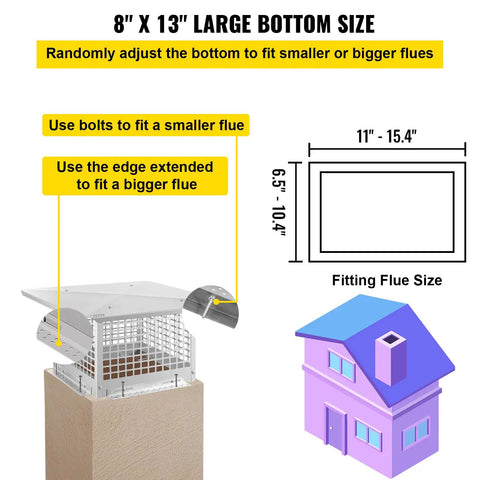 Heavy Duty 8X13 Inch Chimney Cap, Badass 304 Stainless Steel Spark Arrestor For Fireplace, adjustable for different flue sizes.