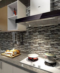 Modern kitchen with Self Adhesive Peel And Stick 12x12 Inch Wall Tiles, shiny backsplash, gas stove, and kitchen items.