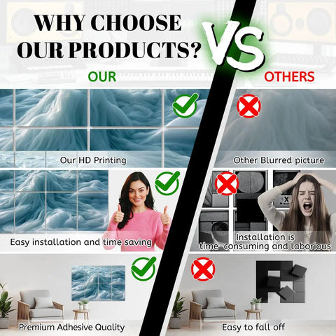 Comparison of 8 Pack Dreamy Blue Ocean Wave Acoustic Wall Panels Self Adhesive Sound Absorbing Home Studio Essentials with blurred images.
