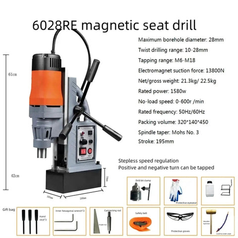 Magnetic Base Drill Press With Adjustable Speed Control And Forward Reverse Rotation For Versatile Heavy Duty Drilling At Home Or Shop, Industrial Electric Drill With Magnetic Stand And Tapping Options, 13 16 23 28 Mm Capacity, showing specifications and dimensions.