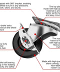 Close-up of a 2-inch swivel caster wheel with brake and top plate mount, designed for heavy-duty carts and work benches, hard rubber with ball bearings