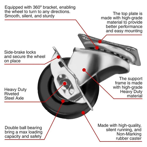Close-up of a 2-inch swivel caster wheel with brake and top plate mount, designed for heavy-duty carts and work benches, hard rubber with ball bearings