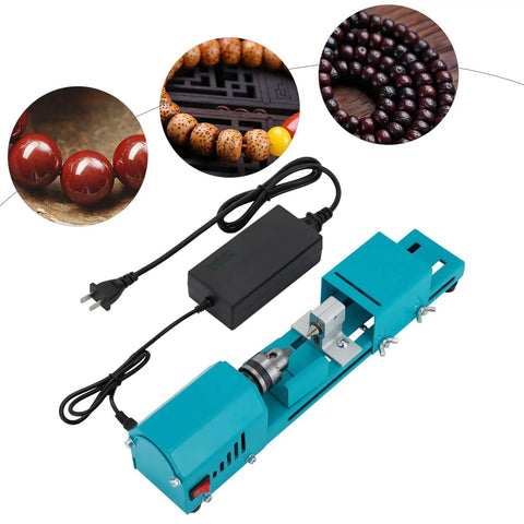 96W Portable Mini Wood Lathe Machine For Beads And Carving With Milling Accessories Wide Voltage 110V To 240V US Plug For DIY Woodworking Projects on a workspace.