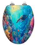 Elongated Toilet Seat Slow Close Home Bathroom with colorful underwater sea life design and metal hinges.