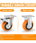 Heavy Duty Five Inch Polyurethane Caster Wheels With Rock Solid Dual Lock Brakes And Slick 360 Degree Swivel, 2 swivel and 2 rigid.