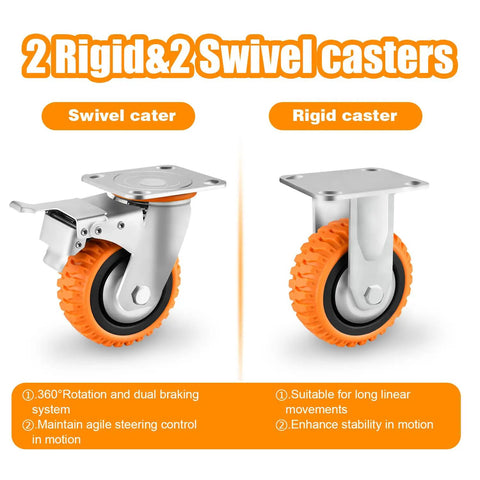 Heavy Duty Five Inch Polyurethane Caster Wheels With Rock Solid Dual Lock Brakes And Slick 360 Degree Swivel, 2 swivel and 2 rigid.