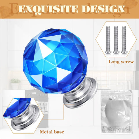 Colorful Crystal Knob Set, 10 Pieces, 30mm Glass Drawer Pulls For Cabinets, Drawers, Dressers, And Kitchen, Artsy Style, Includes Screws, Perfect Quick Cabinet Refresh blue crystal knob with metal base and long screw