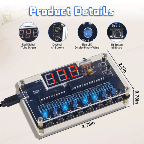 Hands On Binary To Decimal Soldering Kit With LED Display And Digital Readout For Beginners Teens And Adults Back To School Friendly Educational Electronics Project For Programmers And Hobbyists, featuring a red digital display and blue LED indicators.