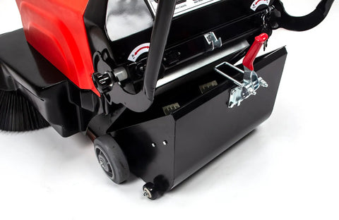 Close-up of Top Shelf Electric Floor Sweeper Workhorse's three brush setup with a black and red design.