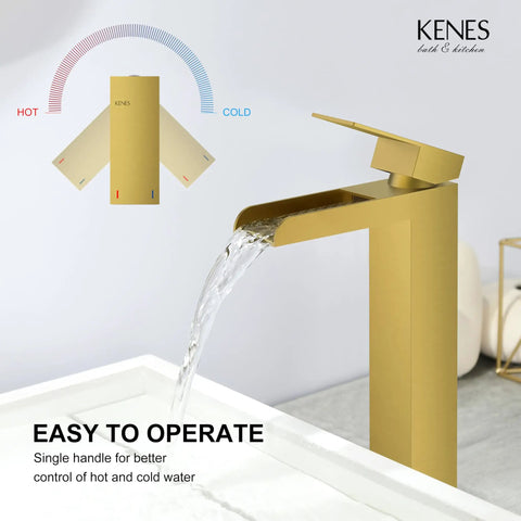 Gold Vessel Sink Faucet Brushed Gold Tall Waterfall Bathroom Vanity Faucet flows water into sink with single handle control.