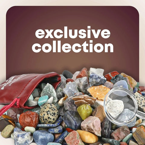 Awesome Kids Rock Collection Kit With 250 Plus Rocks Gemstones Crystals Fossils And Minerals Two Pounds Geology STEM Set For Learning Exploration And Hands On Science Gifts For Boys And Girls Ages Six And Up, assorted stones with magnifier