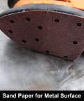 Close-up of a 120 Sheet Sandpaper Set for Mouse Detail Sander with hook and loop holes, grit for woodworking and furniture refinishing.