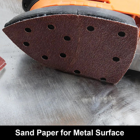 Close-up of a 120 Sheet Sandpaper Set for Mouse Detail Sander with hook and loop holes, grit for woodworking and furniture refinishing.