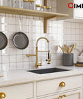 Brushed Gold Kitchen Faucet With Pull Down Sprayer, Single Handle High Pressure Brass Sink Faucet on white tiled wall