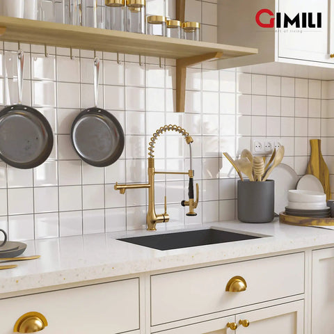 Brushed Gold Kitchen Faucet With Pull Down Sprayer, Single Handle High Pressure Brass Sink Faucet on white tiled wall