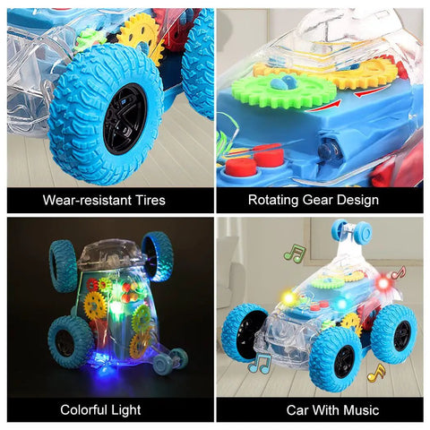 Light Up Sensory Toy Car For Kids With Autism, Bump And Go Monster Truck with LED lights, colorful gears, and music effects