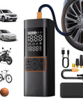 Portable Cordless Tire Inflator With 6000mAh Battery And Digital Pressure Gauge Up To 180 PSI Fast 4x Inflation Auto Shut Off And LED Light For Car Truck Bike Motorcycle Emergency Roadside shown with accessories and usage examples
