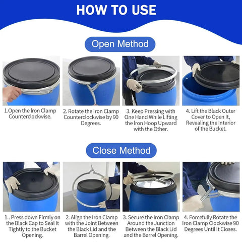 Instructions for opening and closing Blue Plastic Drum With Lid For Water Storage And Bulk Shipping Open Top Barrel Keg Ring Latch Heavy Duty Industrial Container