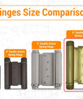 Hinge size comparison showing Tough As Nails Heavy Duty Double Action Hinges For Saloon Cafe Bar Swing Doors Polished Brass.
