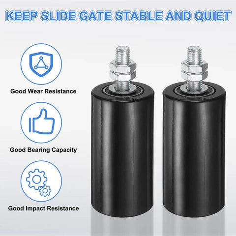 Two Heavy Duty 4 Pack Slide Gate Guide Rollers Slick Nylon Wheels With Sealed Steel Ball Bearings For Sweet Universal Sliding Door Track Replacement Components Black.