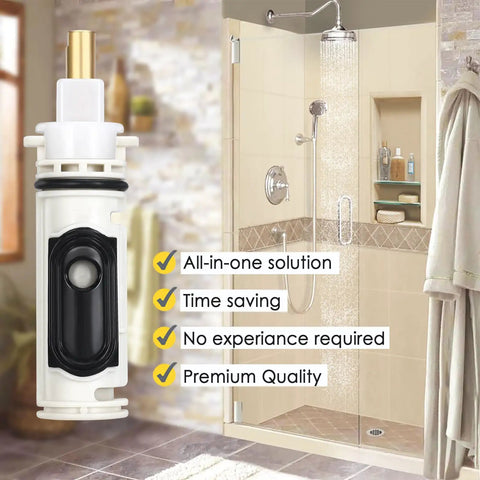 All In One Shower Repair Kit With Cartridge For 1222 And 1222B Including Puller And Retainer Clip For Bath Valve Replacement Tub Shower Parts One Handle Faucet Rebuild Tool DIY Friendly, shown in a bathroom setting with a cartridge illustration.