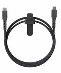 Black braided USB-C charging cable with reinforced connectors and a cable tie, shown in coiled position.
