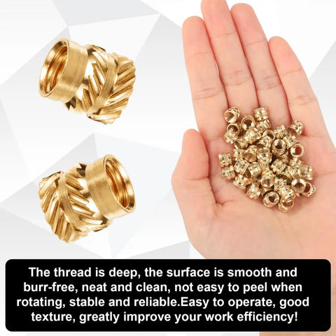 Hand holding 50 Pcs Dope 3D Printing Brass Nuts M5 Threaded Inserts Heat Set Tip Kit with Soldering Adapter for Heat Embedment