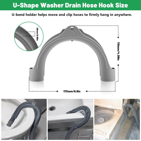 Universal U Shaped Drain Hose Hook For Washer, Dishwasher And Sink Hoses Easy Install U Bend Hose Holder For Secure No Fuss Mount Fits Most Brands Including Samsung And GE. Gray PP hose hook, 173mm x 110mm, 25mm section