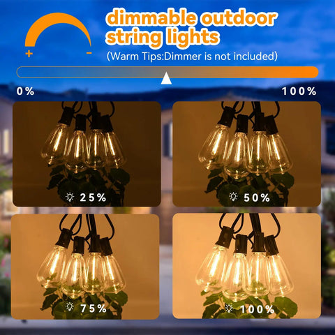 Four dimming levels of 100 Foot LED Outdoor String Lights With 52 Shatterproof Vintage Edison Bulbs For Patio Bistro Cafe And Backyard Ambience, 2700K Dimmable Warm Glow, UL Listed IP45 Weatherproof, Ideal For Year Round Outdoor Living displayed.
