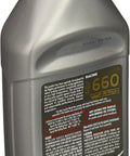 Back view of RBF 660 Racing Brake Fluid DOT 4 100 Percent Synthetic 500ml showing label details and red cap.