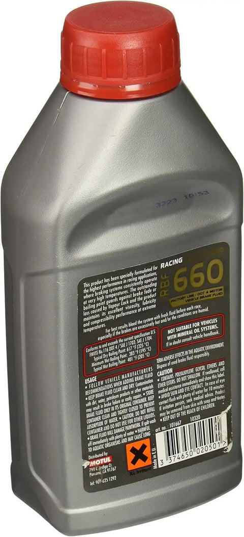 Back view of RBF 660 Racing Brake Fluid DOT 4 100 Percent Synthetic 500ml showing label details and red cap.