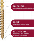 Diagram of R4 9x2 Inch Multi-Purpose Framing Screws with CEE THREAD, W-CUT, and Fast Bite Tip features highlighted.