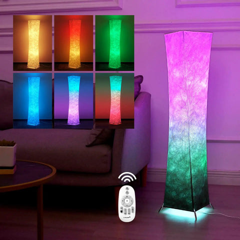 Slender 39 Inch Floor Lamp With Remote Control, RGB Color Changing LED Lights, Brown Gradient Fabric Shade in living room