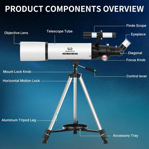 Components of High Powered 90mm Refractor Telescope For Adults With 600mm Focal Length, including tripod and eyepiece