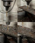 60 Piece Mini Titanium Twist Drill Bit Set For Wood Metal Plastic Aluminum And Steel With Pro Grade Fully Ground HSS 4341 Bits And 135 Degree Point Includes Small To One Eighth Inch Sizes For Precise Micro Drilling shown drilling into metal.