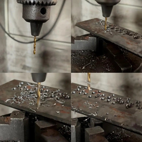 60 Piece Mini Titanium Twist Drill Bit Set For Wood Metal Plastic Aluminum And Steel With Pro Grade Fully Ground HSS 4341 Bits And 135 Degree Point Includes Small To One Eighth Inch Sizes For Precise Micro Drilling shown drilling into metal.