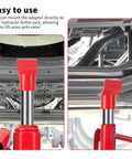 2 In 1 Bottle Jack Adapter For 12 Ton And 20 Ton installed under vehicle frame, showing use with hydraulic jack for safe lifts.