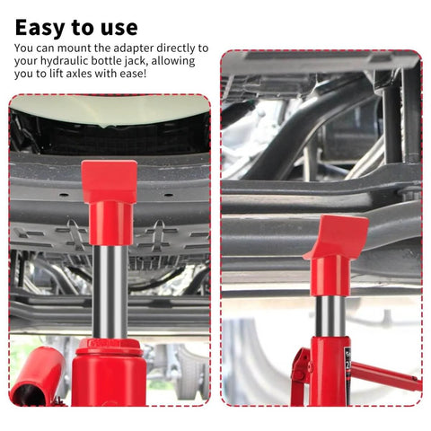 2 In 1 Bottle Jack Adapter For 12 Ton And 20 Ton installed under vehicle frame, showing use with hydraulic jack for safe lifts.